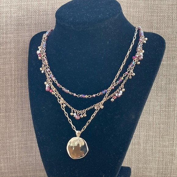 Style & Co. Necklaces Gold plated Multi Rows Faceted Beads Hammered Coin Pendant - Picture 10 of 12